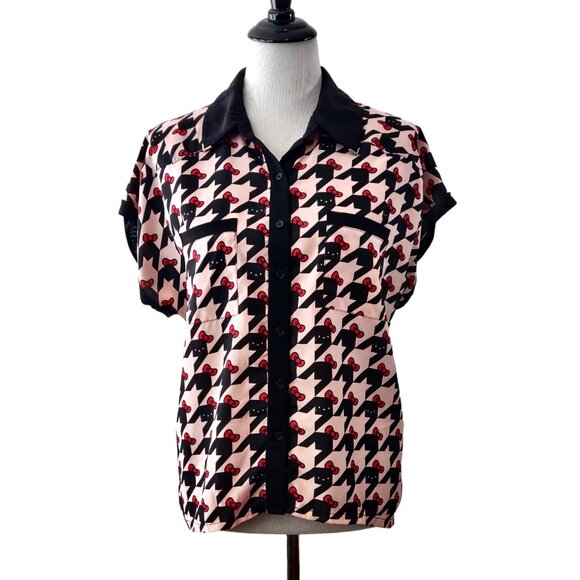 Hello Kitty Sanrio Size XL Pink Black Semi Sheer Back S/S Button Up Blouse Top - Picture 1 of 10